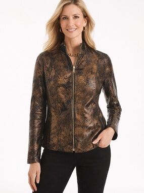 Chicos Reversible 100% Leather Croc-Embossed Zip Jacket in Size 3